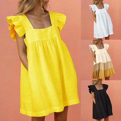 Women Summer Dress Elegant Square Collar Pocket Puffles Sleeve Mini Dress Fashion Plus Size Ladies Grils Party Beach Dress