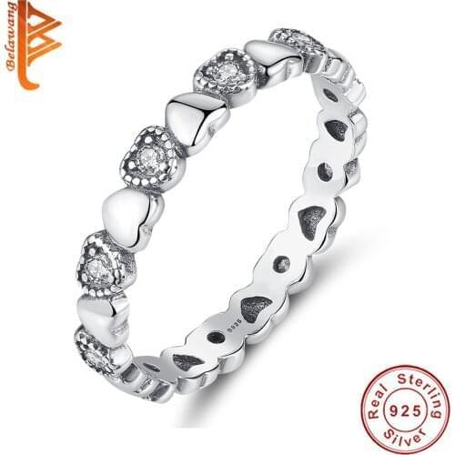 BELAWANG 925 Sterling Silver Stackable Rings Glittering Heart Black Clear CZ Anel Female Ring Women Wedding Engagement Jewelry