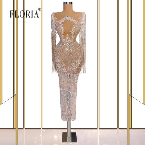 Long-sleeved medium-and long-style beaded sequined evening dress بأكمام طويلة متوسطة و طويلة نمط مطرز مطرزة مساء اللباس