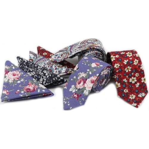 Rose Narrow Tie Hankerchief Set 100% Cotton Textile Ties Pocket Square Printing Floral Flower Necktie Classic Skinny Tie 2 Pcs