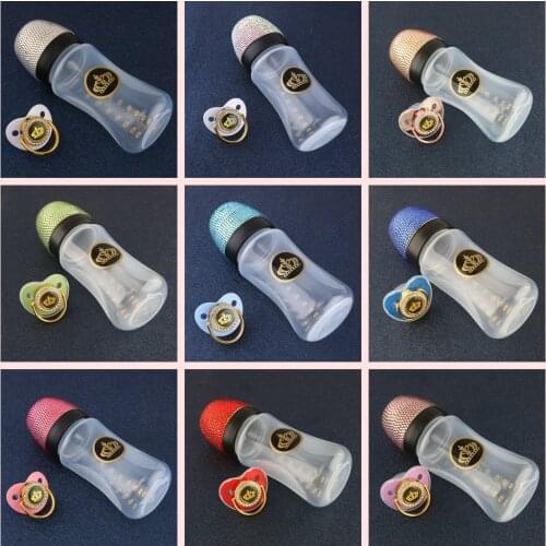 240ml Rhinestone Bling Baby Bottle With Luxury Pacifier 8oz Wide Neck Newborn Nursing Bottle BPA Free
