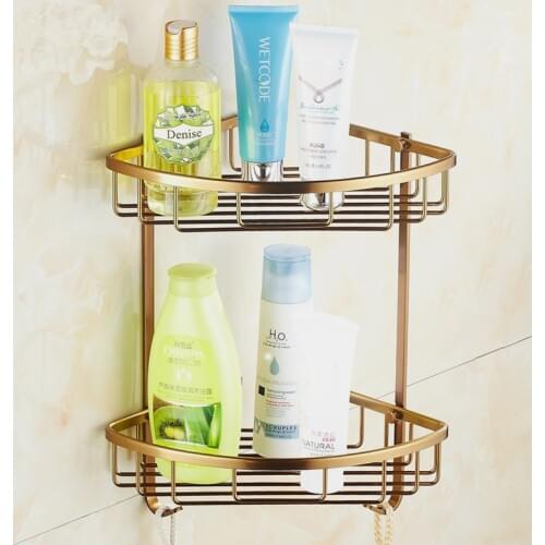 Antique Two Layer Bathroom Shelves Aluminum Wall Towel Washing Shower Basket Corner Bathroom Shelf Metal