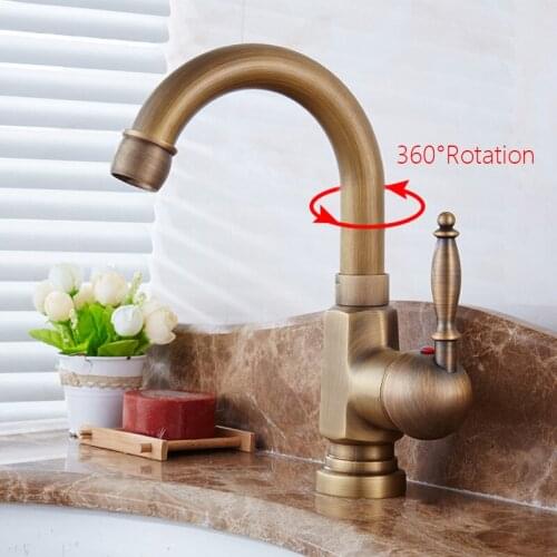 Antique Brass Basin Faucet Luxury Retro Bathroom Vanity Sink Tap Single Handle 360 Degree Swivel Hot Cold Water Mixer Tap Crane