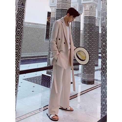 Mens Sets Fashion Casual 2PCS Suits (jacket+pant) Streetwear Male Ribbon Blazer Jacket Trousers