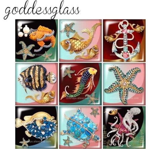 New Fashion Crystal Fish Starfish Turtle 12mm/20mm/25mm/30mm Square photo glass cabochon demo flat back Making findings FB0206