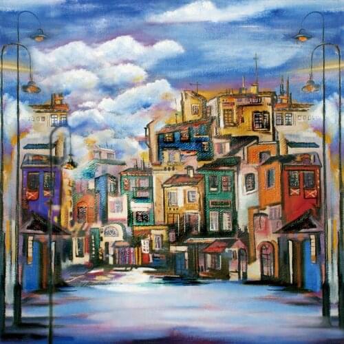 Laeacco Drawing Pattern City Town Buildings Street Cloudy Sky Pattern Photographic Background Photo Backdrop For Photo Studio