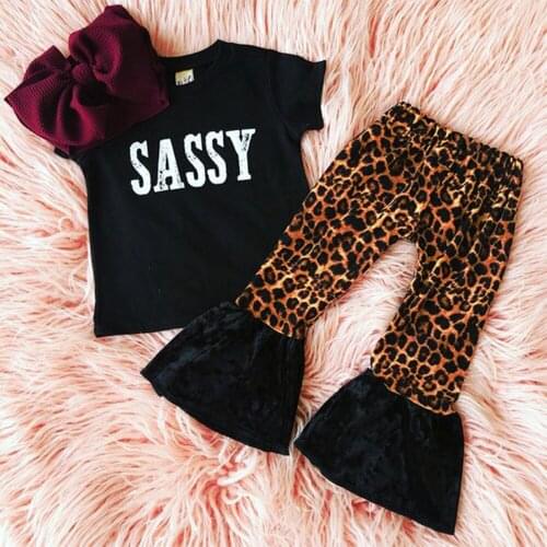 2020 Summer baby girl clothes Cute Black Letter Top + Leopard Flare Pants 2-piece set Cool girl Street style 6Months-4Years Old
