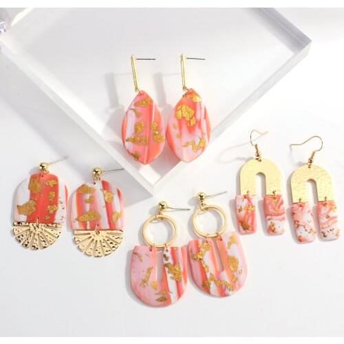 Lifefontier Handmade Metal Pink Ploymer Clay Drop Earrings for Women Gold Color Geometric Unusual Hanging Earrings Jewelry 2021