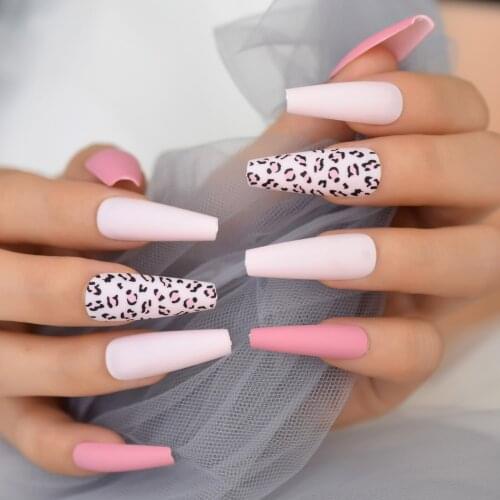 Matte Pink Press On Nails Ballerina Long Tapered Acrylic Fake Nails With Designs Leopard Pattern Coffin Solid Color False Nail