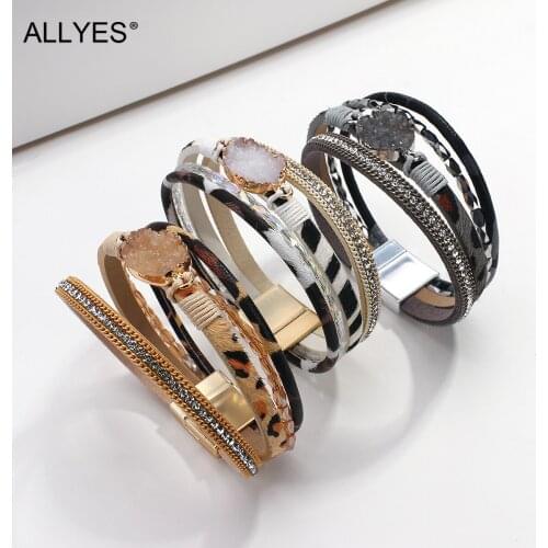 ALLYES Multilayer Resin Charm Leopard Leather Bracelets for Women Rhinestone Chain Wrap Bracelet Female Winter Jewelry Gifts