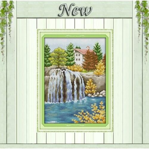 Little waterfall,Counted Printed on canvas DMC 11CT 14CT Cross Stitch kits,needlework Sets embroidery,autumn Scenery Decoration