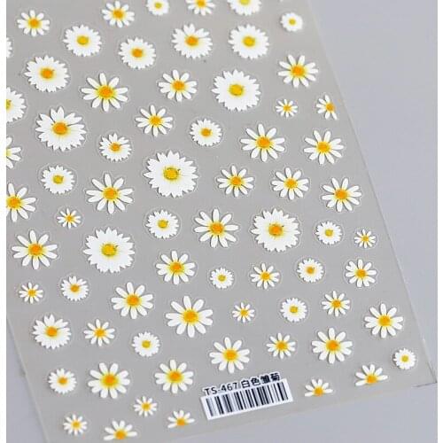 New Technology Cute Image White Daisies Flowers Leaves Relief Nail Sticker 5D Engraved Nail Art Decorations Nail Decals Design