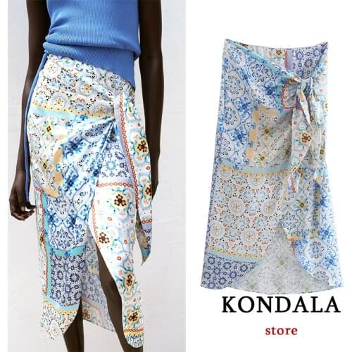 KONDALA Za 2021 Vintage Floral Print Pleated Midi Skirts Summer Stain Front Split High Waist Skirts Elegant Mujer Fladas