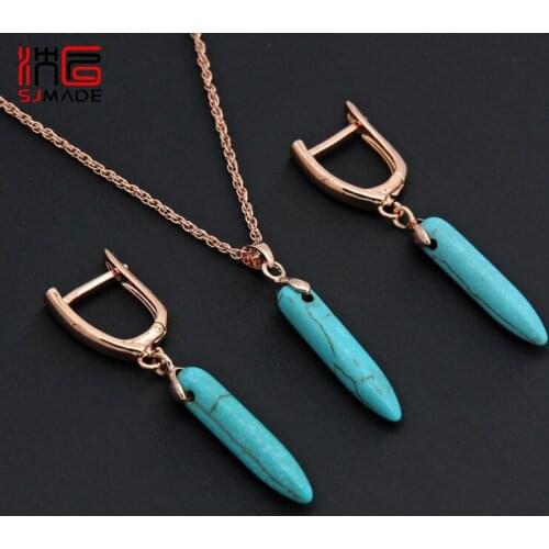 SJMADE 585 Rose Gold Strip Turquoises Dangle Earrings Jewelry Set Europe America Vintage For Women Girl Wedding Party Jewelry