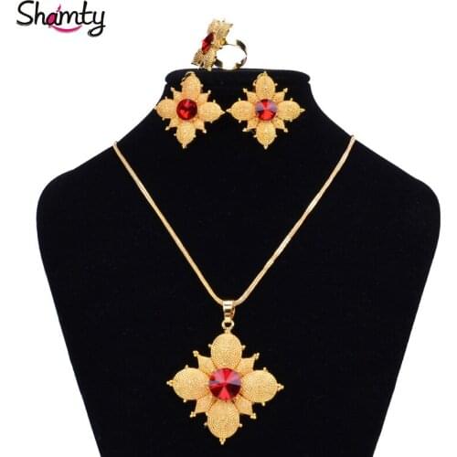 Shamty Ethiopian Red Stone Jewelry Sets African Women Pure Gold Color Clover Jewelry Sets Wedding Habesha Style A30041