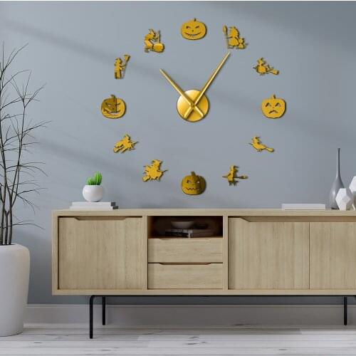 Silhouette DIY Giant Wall Clock Halloween Wall Art Evil Female With Pumpkins Decorative Witch with Broomstick Large Wall Watch