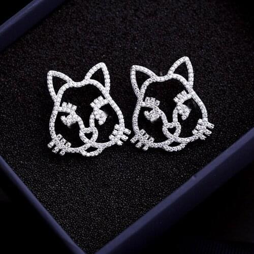 Cute Style Fashion Micro Pave AAA+ Zircon Crystals Cartoon Cat Silver Stud Earrings for Women Charm Jewelry