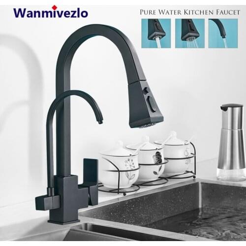 Purify Water Kitchen Faucet Deck Mount Dual Handle Kitchen Sink Faucet Pull Down 360 Rotation Spout Hot Cold Water Mixer Tap