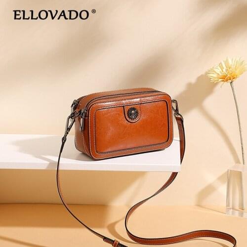 Ellovado Fashion Genuine Leather Crossbody Bag For Women Solid Color Retro Shoulder Messenger Bag Lady Wax Oil Skin Handbag