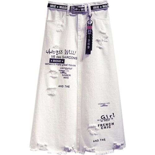 Vintage White Jeans Skirts Women Summer High Waist Letters Print Midi Denim Skirts Korean Casual Plus Size Skirts jupe femme