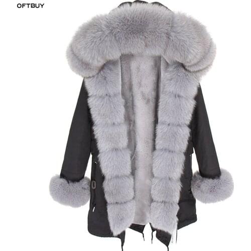 2020 Winter Jacket Women Real Fur Coat Natural fox Fur Collar Striped faux Fur Liner Army Green Long Parka Fashion new fashion