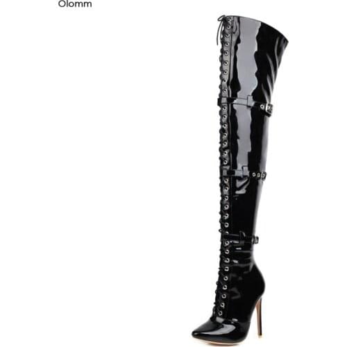 Olomm Handmade Women Over The Knee Boots Sexy Stiletto Heel Pointed Toe White Red Black Night Club Shoes Women Plus US Size 4-16