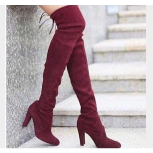 Shorha winter autumn Women boot Faux Suede Women Over The Knee Boots Lace Up Sexy High Heels Shoes Woman Female Slim Thigh High Boots Botas 35-43