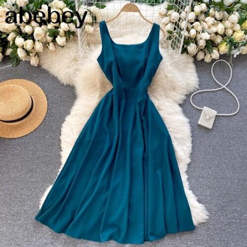 Women Summer Sling Dress Solid Sexy Off-shoulder Hollow Out A Line Dress Korean Casual Vacation Beach Dress