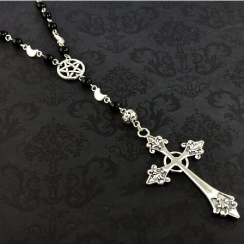 Goth Rosary Necklace Prayer Beads Pentagram Beaded Trad Cross Halloween Pendant Witcher Charm Handmade Statement Women Gift New