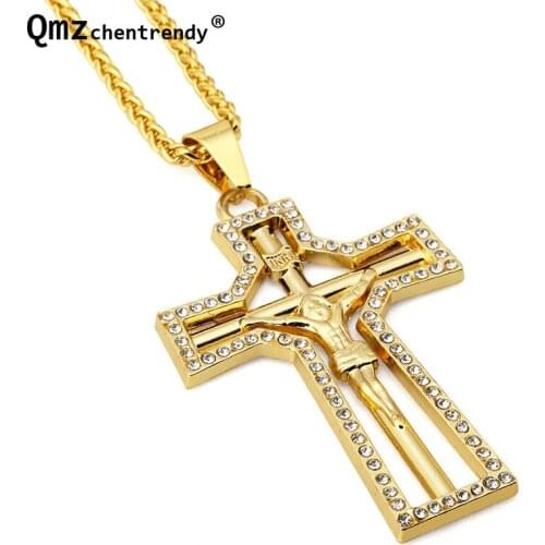 Hot Sale Hip Hop Bling Gold Christ Jesus Cross crucifixion Pendants Necklaces Chain Hiphop Rapper Cz Crystal Jewelry