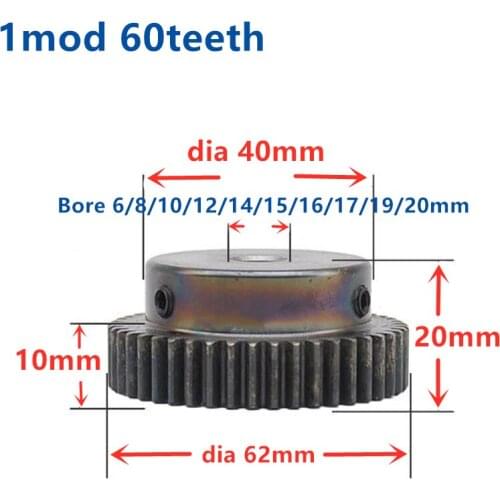 1pc Mod 1 M=1 CNC Spur Gear pinion 60T 60Teeth Bore 6-12mm Right Teeth positive gear steel gear rack transmission RC