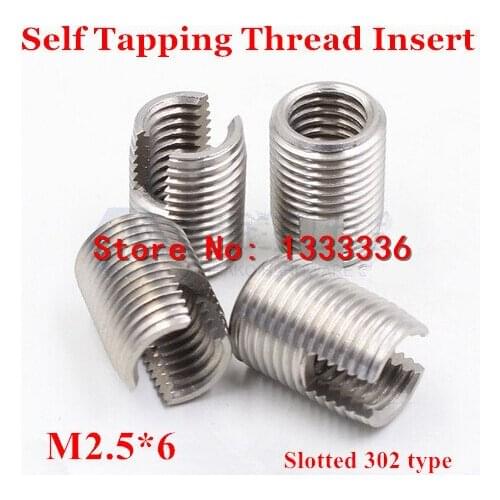 20pcs M2.5*0.45*6mm Self Tapping Thread Insert, 302 Slotted Type Stainless steel Screw Bushing M2.5 Wire Thread Repair Insert