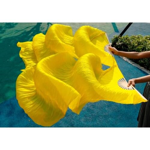 2016 high quality silk belly dance fan dance 100% real silk veil 1 pair 180 * 90cm and 150 CM on sale yellow color fast delivery