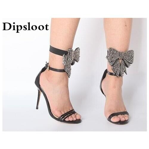 2017 Summer Fashion Women Sexy Patent Leather Removable Crystal Bling Bows Tie Strappy Dress Thin Heels Sandals Ladies