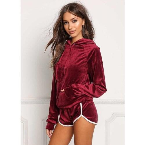 2020 New Women Velvet Long Sleeve Hoodies Sweatshirt Tops+Shorts 2Pcs Sportswear Solid Color Leisure Time Comfortable