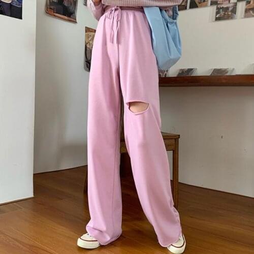 Women Pants Gray Casual Sports Trousers Womens Summer Loose Straight Ripped Pants Pantalones De Mujer