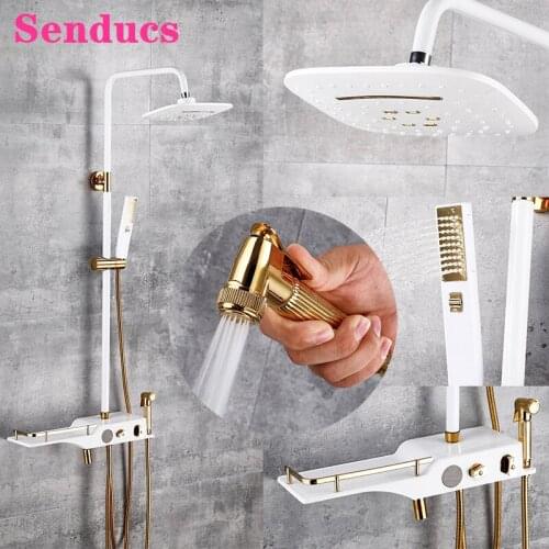 Digital Shower Set Senducs Square Rainfall Shower Head Brass Bathtub Mixer Tap Wall Mounted White Gold Thermostatic Shower Sets