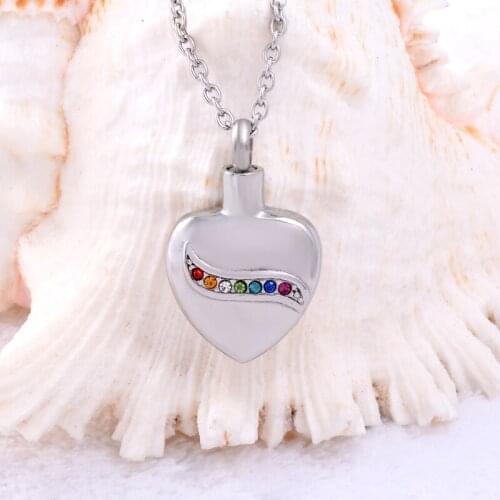 IJD8562 Colorful Crystal Heart Keepsake Urn Pendant for Ashes 316L Stainless Steel Cremation Jewelry in Pendant Necklace Charm