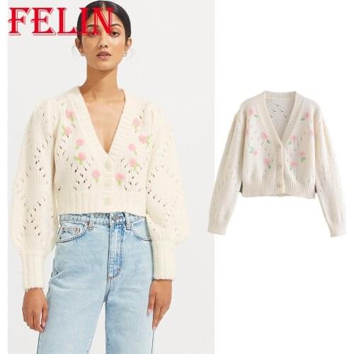Za 2021 Chic Tie Dye Knitted Women Cardigans Fashion Autumn V Neck Oversized Long Sleeve Floral Sweaters Female Elegant Tops
