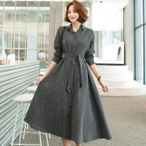 Keroan Spring Women Long Sleeve Turn Down Collar Plaid Long Shirt Dresses Ladies Vintage Casual Single Breasted Office Dress