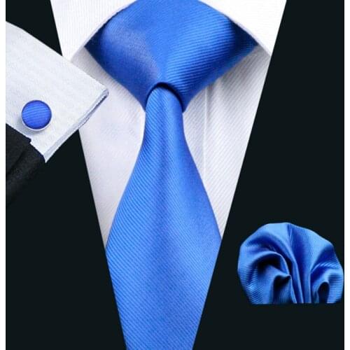 LS-850 Mens Tie Blue Solid 100% Silk Classic Barry.Wang Tie+Hanky+Cufflinks Set For Men Formal Wedding Party Business Hot Sell