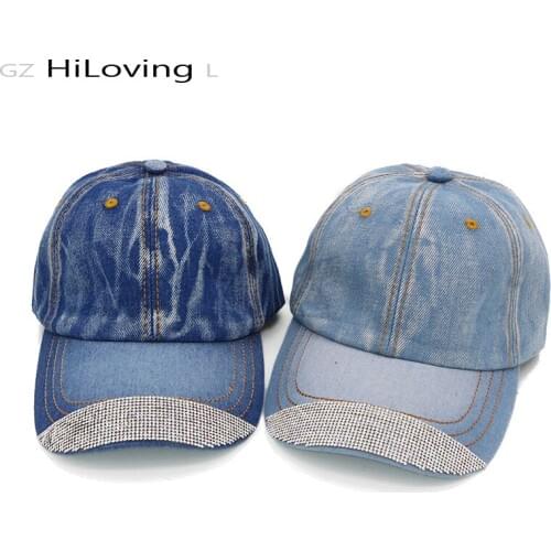 GZHilovingL 2017 New Solid Color Casual Diamond Denim Baseball Cap Simple Womens Cotton Jeans Caps Summer Snapback Caps Hats