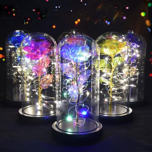 Beauty and The Beast Gold Foil Galaxy Rose Flower LED Light Artificial Flowers In Glass Dome Mother Day Valentine Gift for Girls