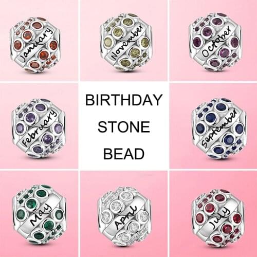 Real 925 Sterling Silver Birthstone Beads CZ Charms Fit Original Pandora Bracelet&Bangle For Women Jewelry Making Birthday Gift