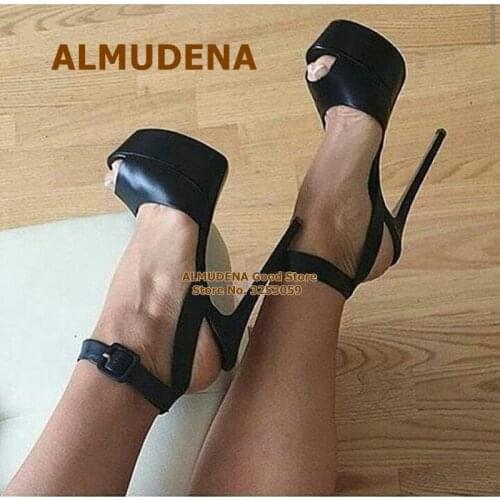 ALMUDENA Black Matte Leather Thin High Heels Square Buckle Strap Slingback Sandals Platform Open Toe Banquet Shoes Size47