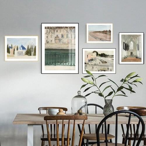 Nordic Style Luxurious Decoration Painting House Character Lake Blue Balustrade Corridor Canvas Wall Picture Poster Living Room