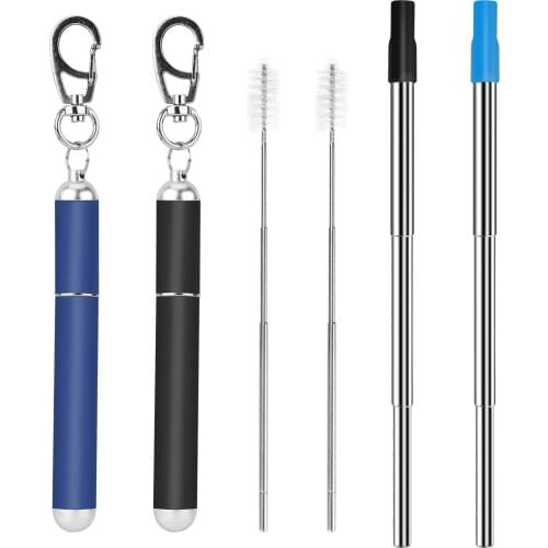 2 Pack Portable Metal Straws, 3-SectionTelescopic Straw with with Silicone Tips , Keychain Case and Telescopic Cleaning Brush