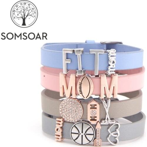 Somsoar Jewelry I Like Sports Genuine Leather Wrap Charmband Bracelet Set with DIY Sports Charm mixed 4 style as Best Gift