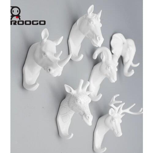 Roogo Hanger Key Holder Wall Deer Head Indoor Room Decoration For Kids Wall Hook White Annimal Wall Coat Rack Resin Home Decor