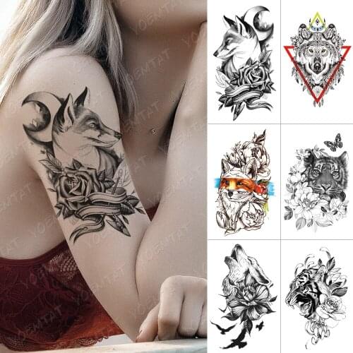 Waterproof Temporary Tattoo Sticker Moonlight Fox Rose Wolf Flash Tattoos Tiger Butterfly Body Art Arm Fake Tatoo Women Men